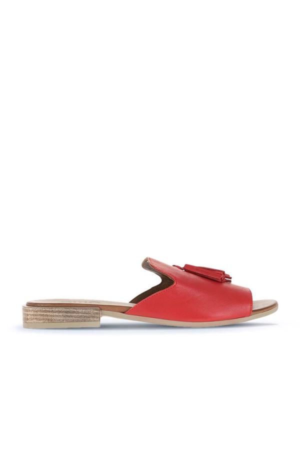 Kırmızı Deri Kadın Düz Sandalet