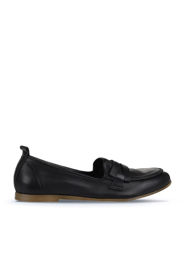 Siyah Deri Kadın Düz Babet