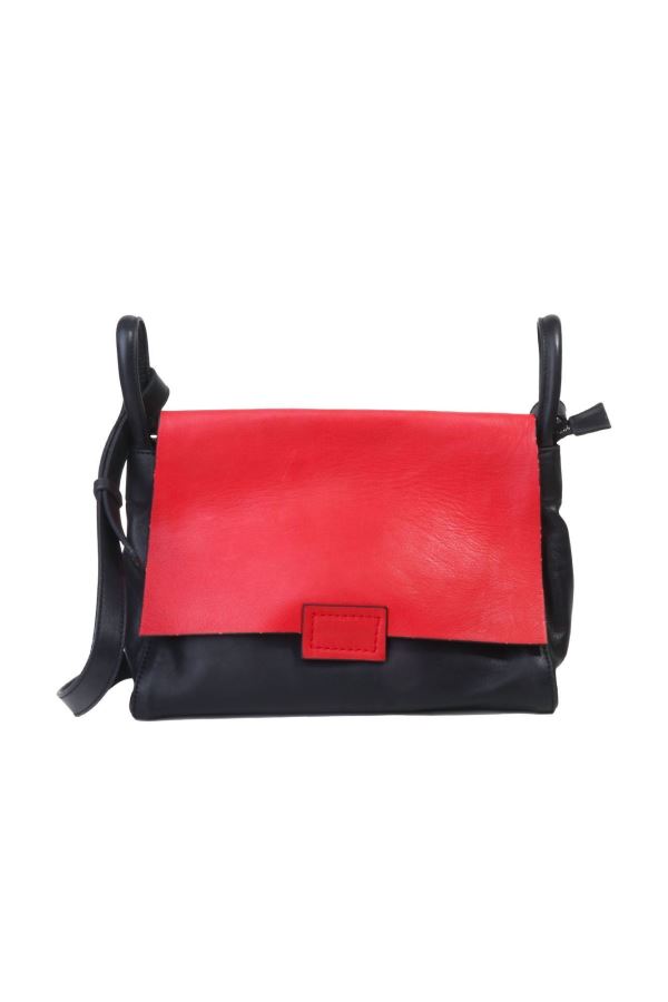 Siyah Kırmızı Deri Kadın Çapraz Çanta