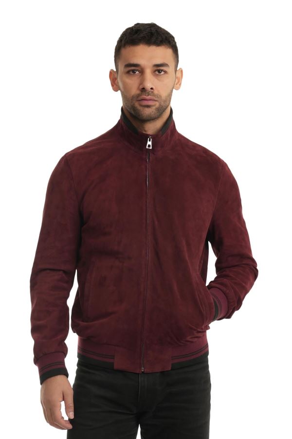 Bordo Süet Erkek Deri Mont