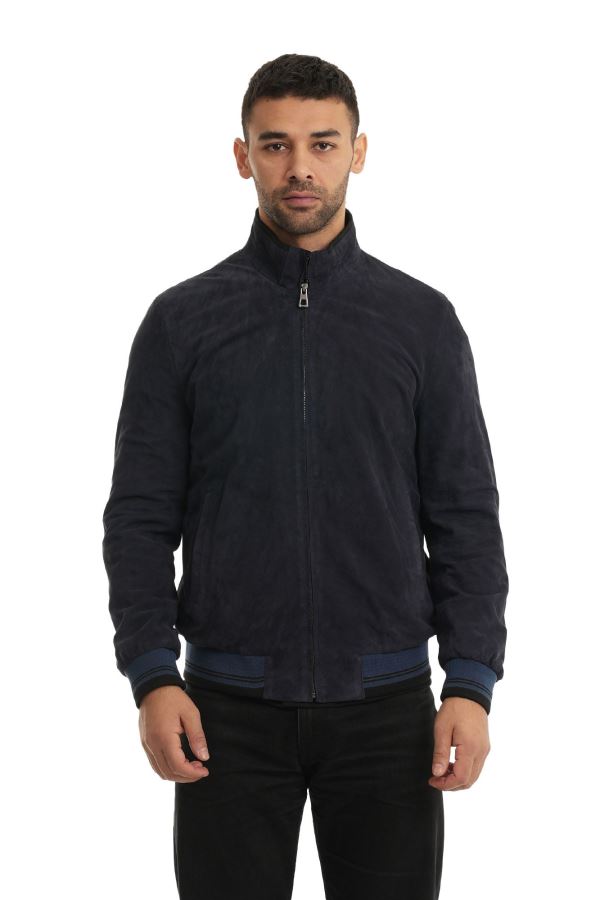 Lacivert Süet Erkek Deri Mont