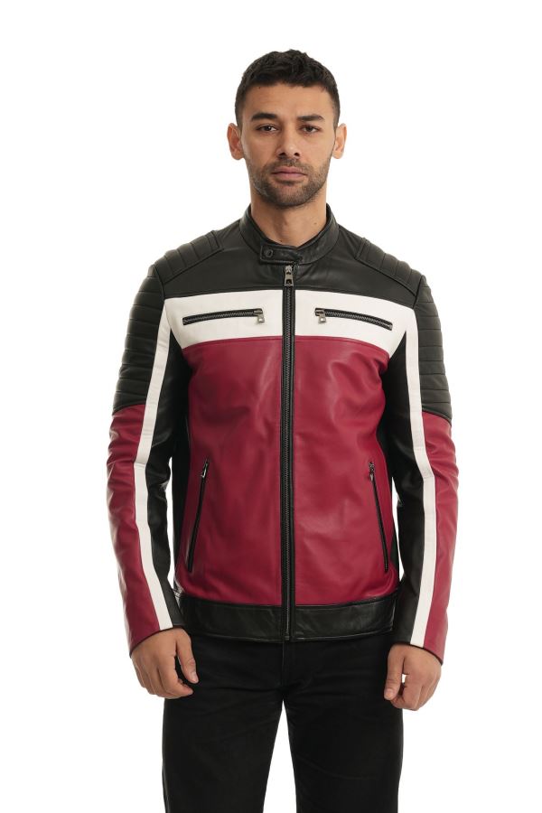 Siyah Kırmızı/Beyaz Deri Deri Mont