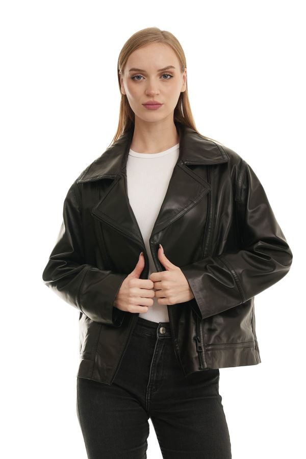 Siyah 132 Natural Deri Kadın Deri Mont