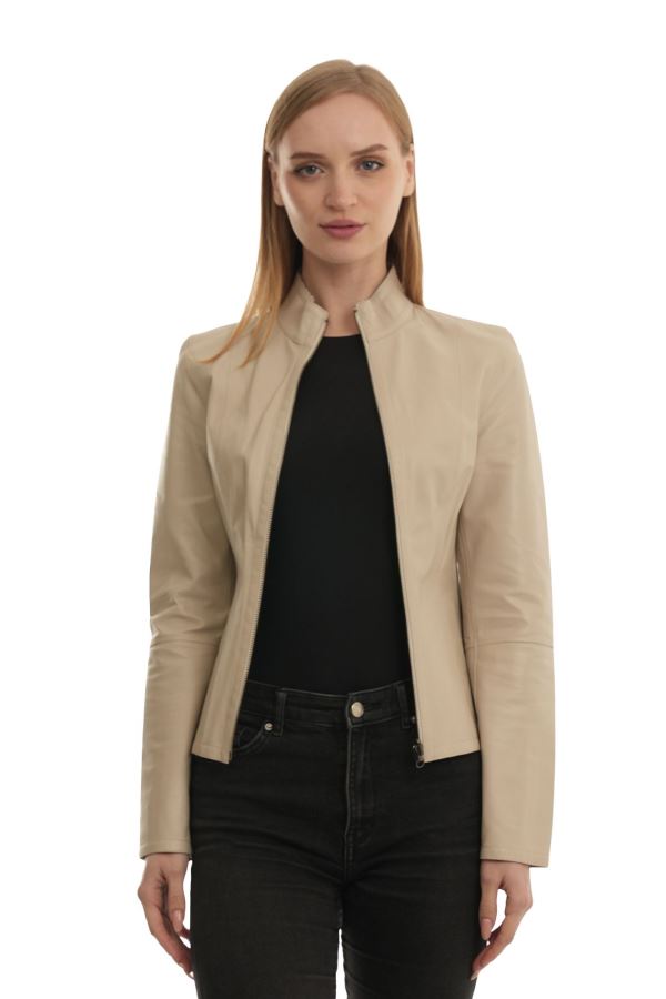 Bej Pitikare Kadın Deri Mont