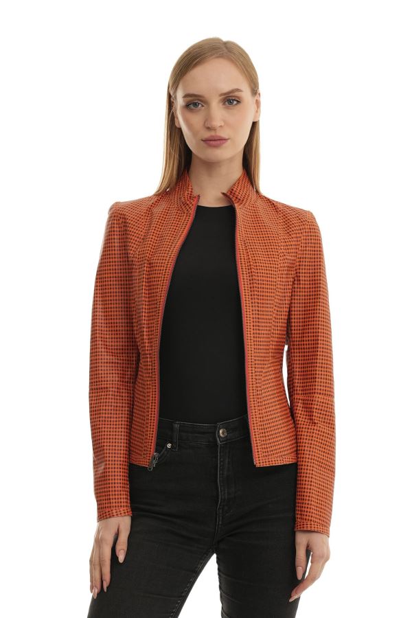 Turuncu Pitikare Kadın Deri Mont