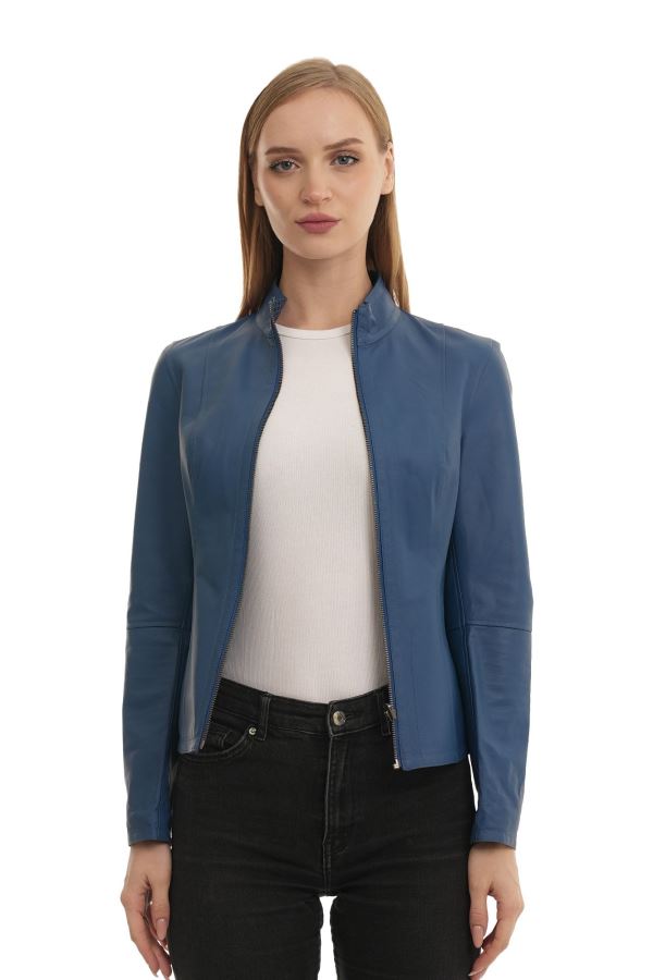 Mavi Saks Pitikare Kadın Deri Mont