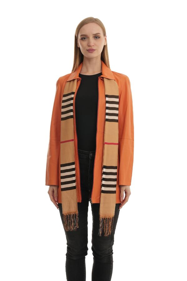 Turuncu Pitikare Kadın Deri Mont