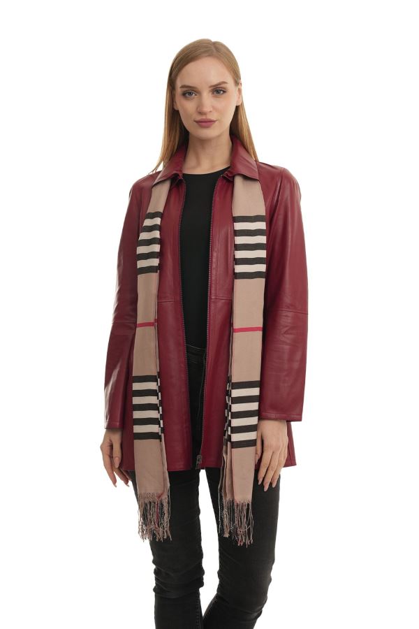 Kırmızı Pitikare Kadın Deri Mont