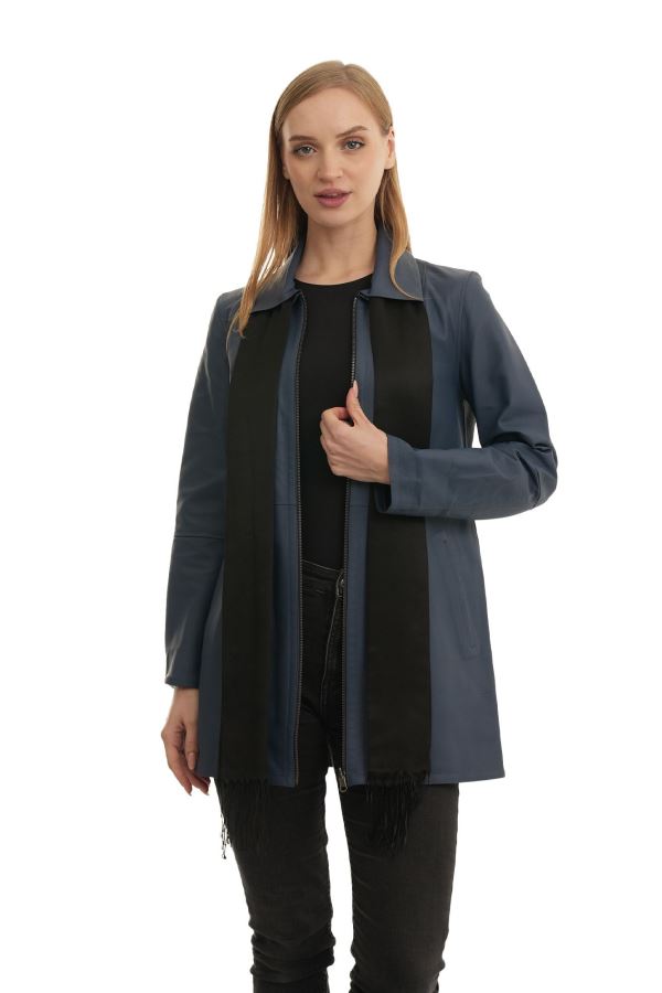 Mavi Siyah Delux Kadın Deri Mont