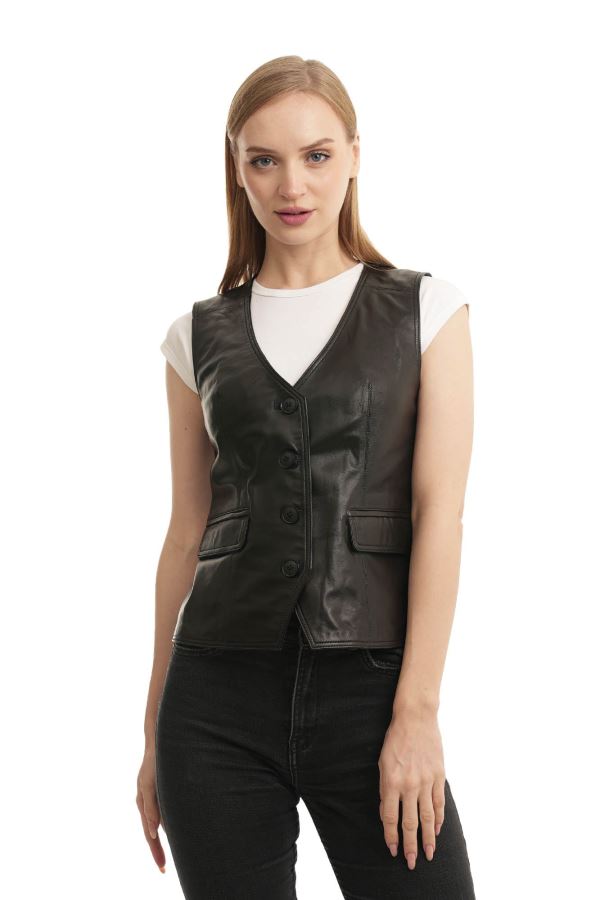 Siyah 132 Natural Deri Kadın Deri Yelek