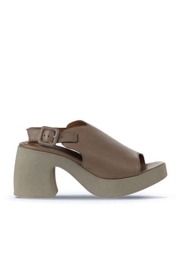 Gri Deri Kadın Topuklu Sandalet