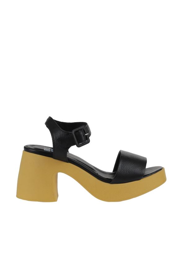 Siyah Sarı Deri Kadın Topuklu Sandalet 
