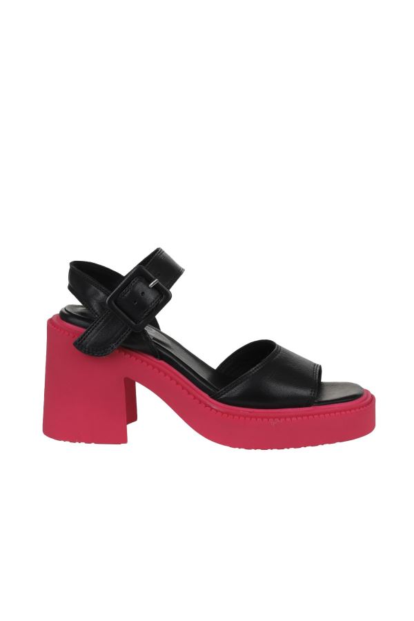 Siyah Fuşya Deri Kadın Topuklu Sandalet