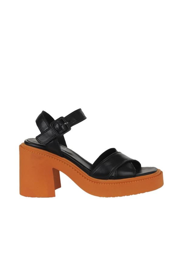 Siyah Turuncu Deri Kadın Topuklu Sandalet
