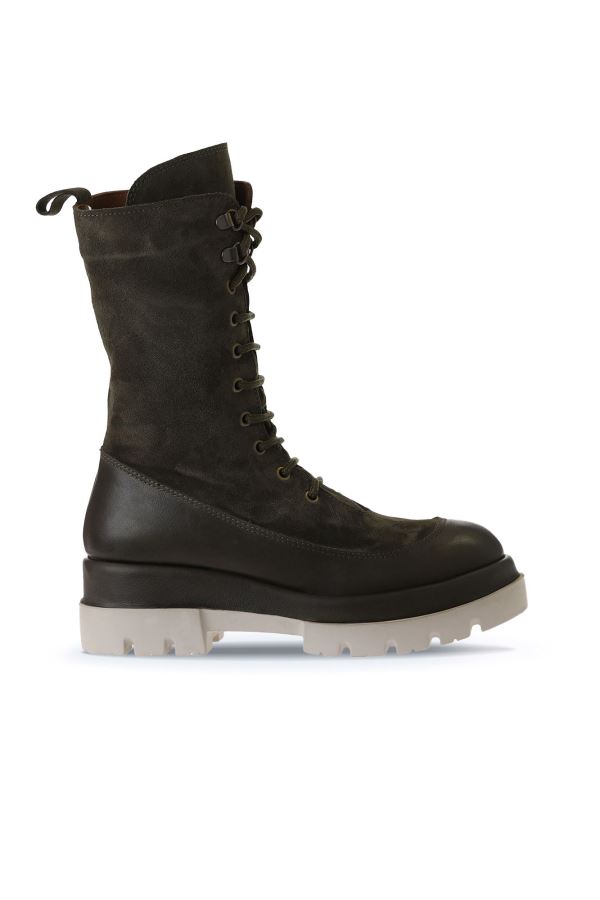 Haki Deri-Süet Kadın Dolgu Topuklu Bot