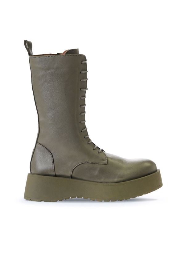 Haki Deri Kadın Dolgu Topuklu Bot