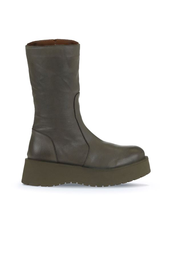 Haki Deri Kadın Dolgu Topuklu Bot