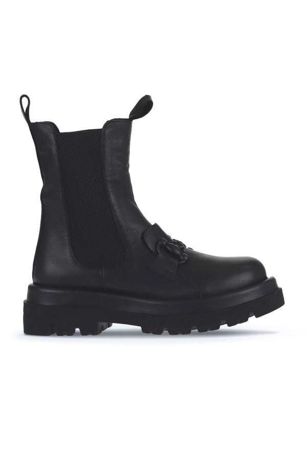 Siyah Deri Kadın Dolgu Topuklu Bot