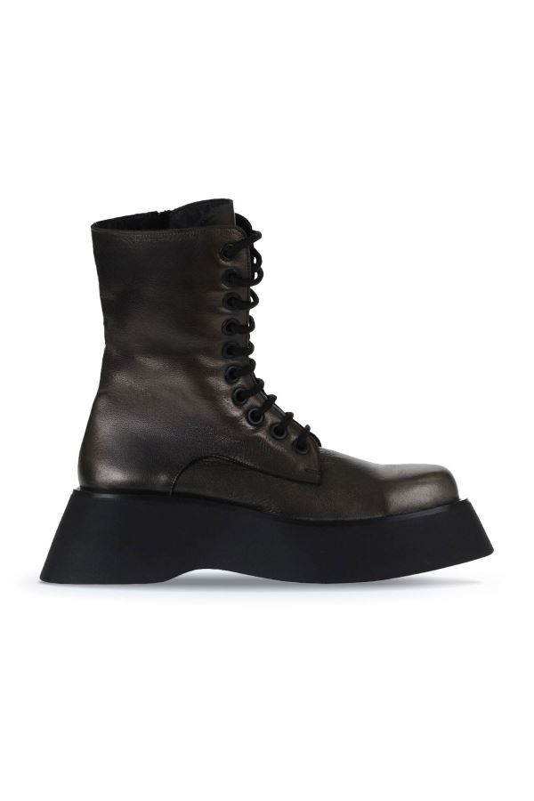 Gri Deri Kadın Dolgu Topuklu Bot