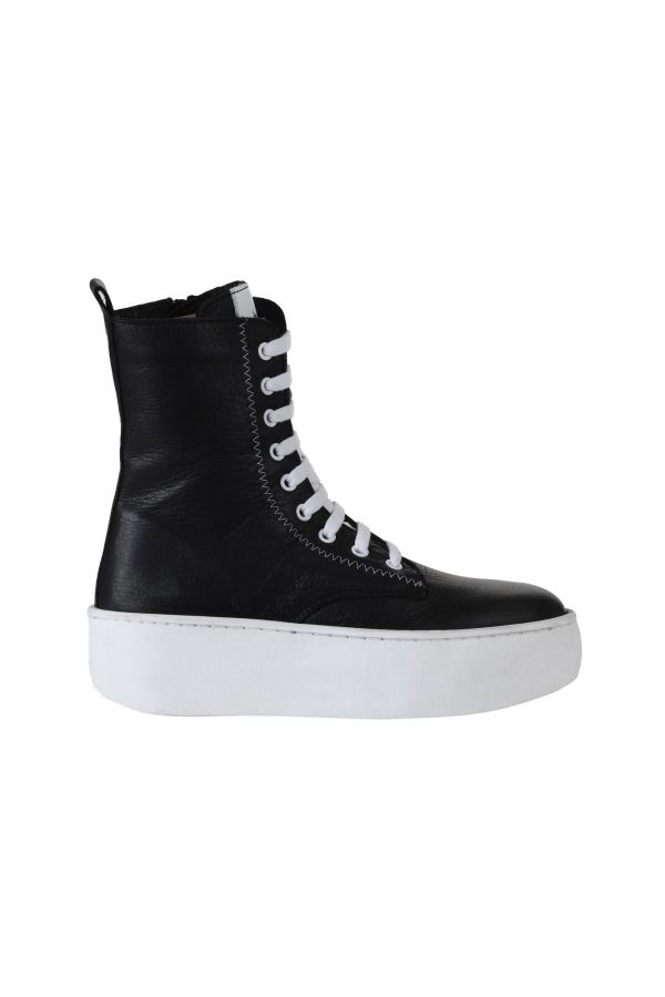 Siyah Beyaz Deri Kadın Dolgu Topuklu Bot