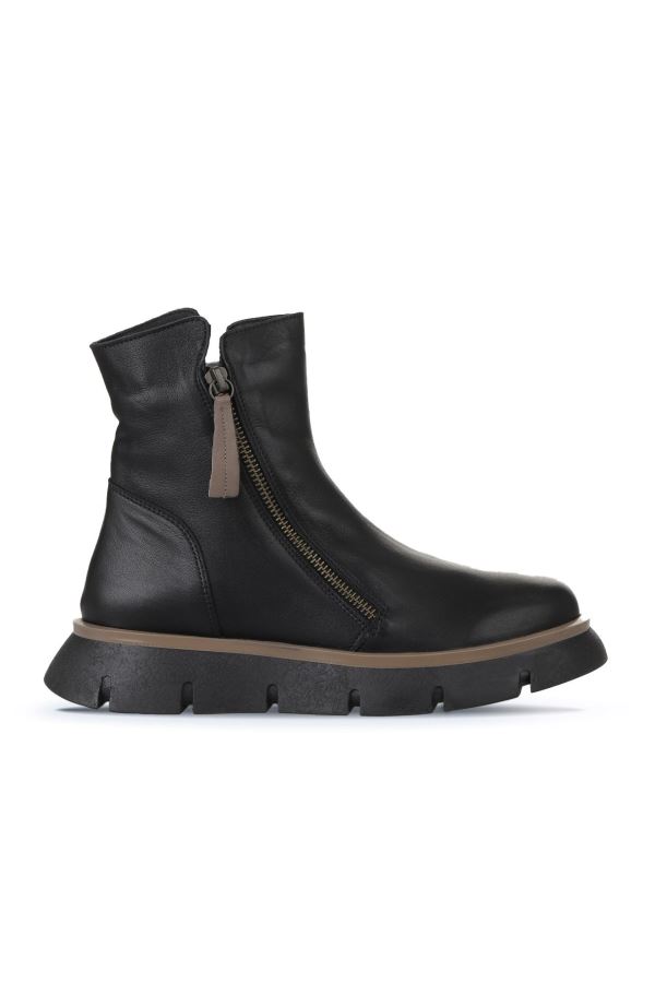 Siyah Gri Deri Kadın Düz Bot