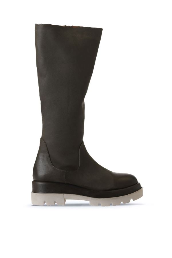 Haki Deri Kadın Düz Çizme