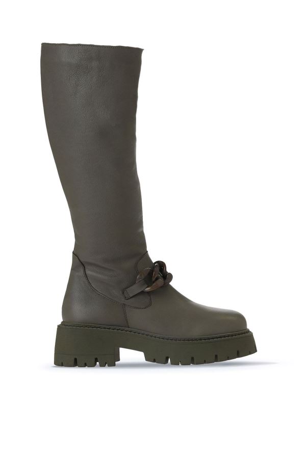 Haki Deri Kadın Düz Çizme