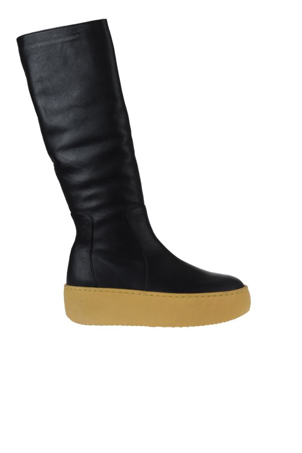 Siyah Sarı Deri Kadın Dolgu Topuklu Çizme