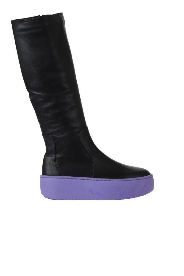 Siyah Mor Deri Kadın Dolgu Topuklu Çizme