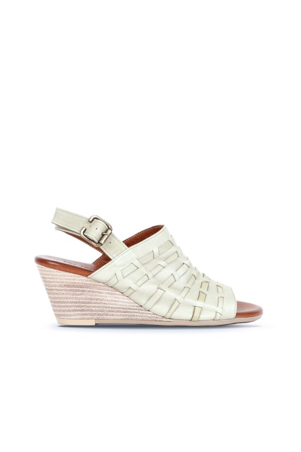 Haki Deri Kadın Dolgu Topuklu Sandalet