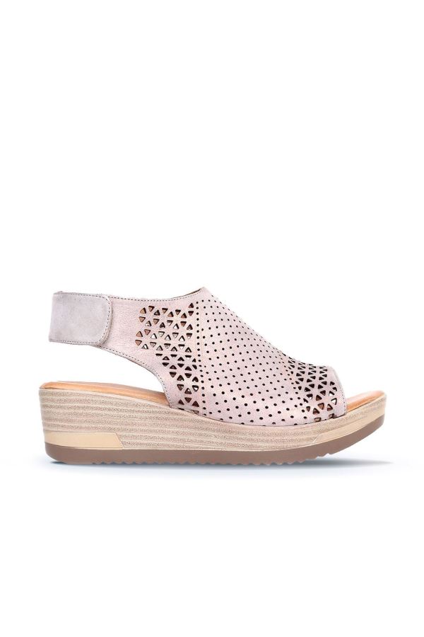 Pudra Deri Kadın Dolgu Topuklu Sandalet