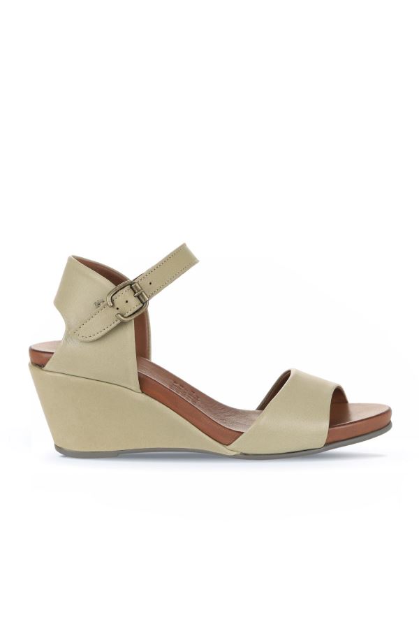 Haki Deri Kadın Dolgu Topuklu Sandalet