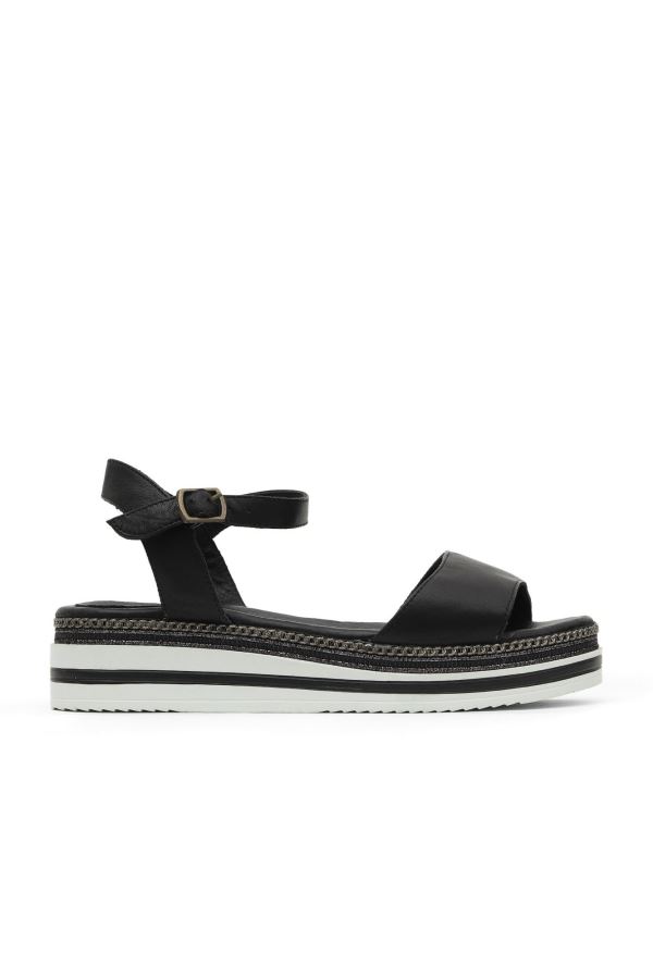 Siyah Deri Kadın Düz Sandalet