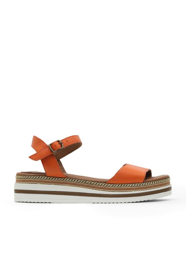 Turuncu Deri Kadın Düz Sandalet