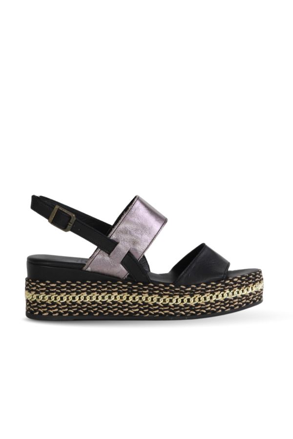 Siyah Kurşun Sole Deri Kadın Dolgu Topuklu Sandalet