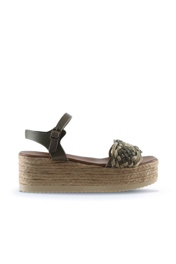 Haki Deri Kadın Dolgu Topuklu Sandalet