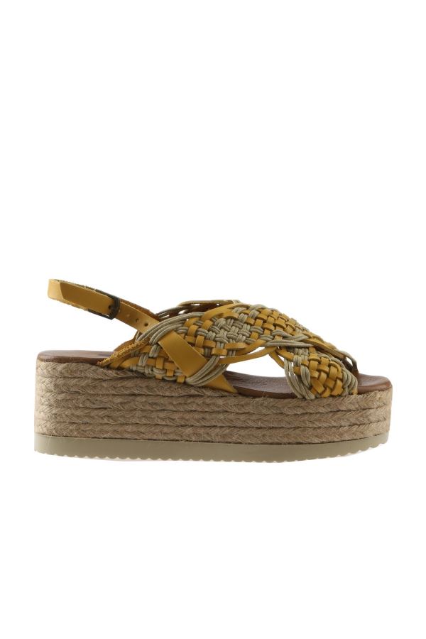 Sarı Deri Kadın Dolgu Topuklu Sandalet