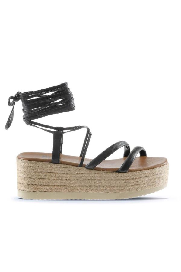 Siyah Khv-Bej Deri Kadın Dolgu Topuklu Sandalet