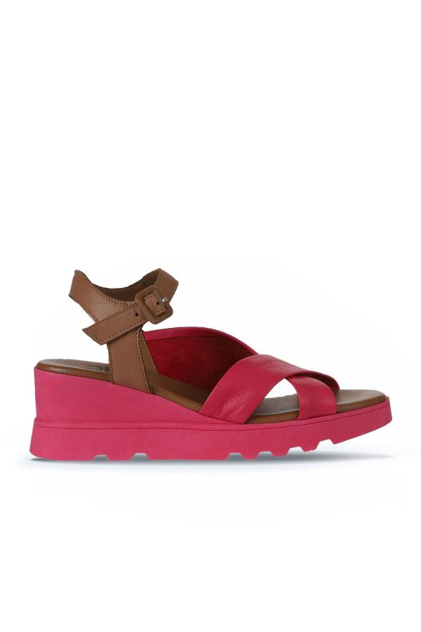 Fuşya Kahve Deri Kadın Dolgu Topuklu Sandalet