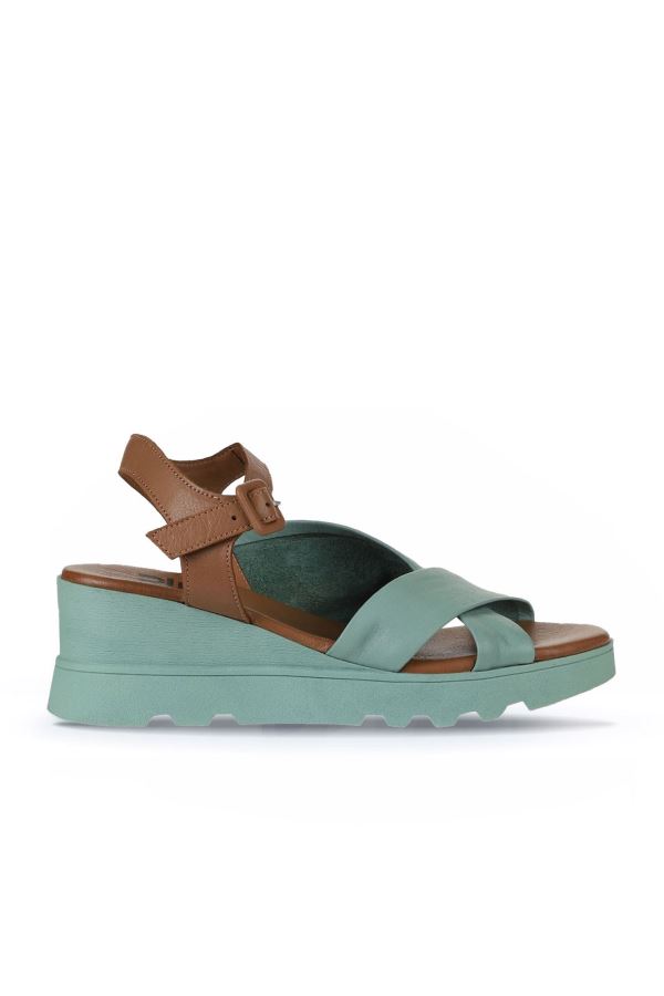 Yeşil Kahve Deri Kadın Dolgu Topuklu Sandalet
