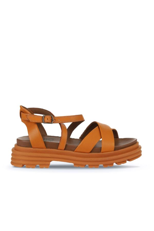 Turuncu Deri Kadın Topuklu Sandalet 