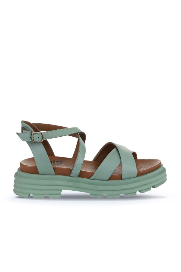 Yeşil Açık Deri Kadın Dolgu Topuklu Sandalet 