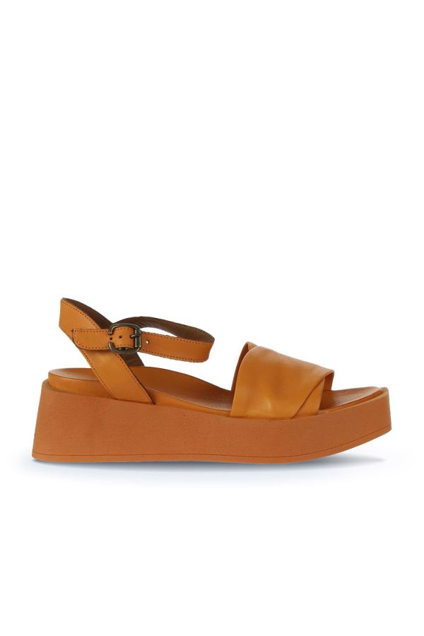 Turuncu Deri Kadın Dolgu Topuklu Sandalet