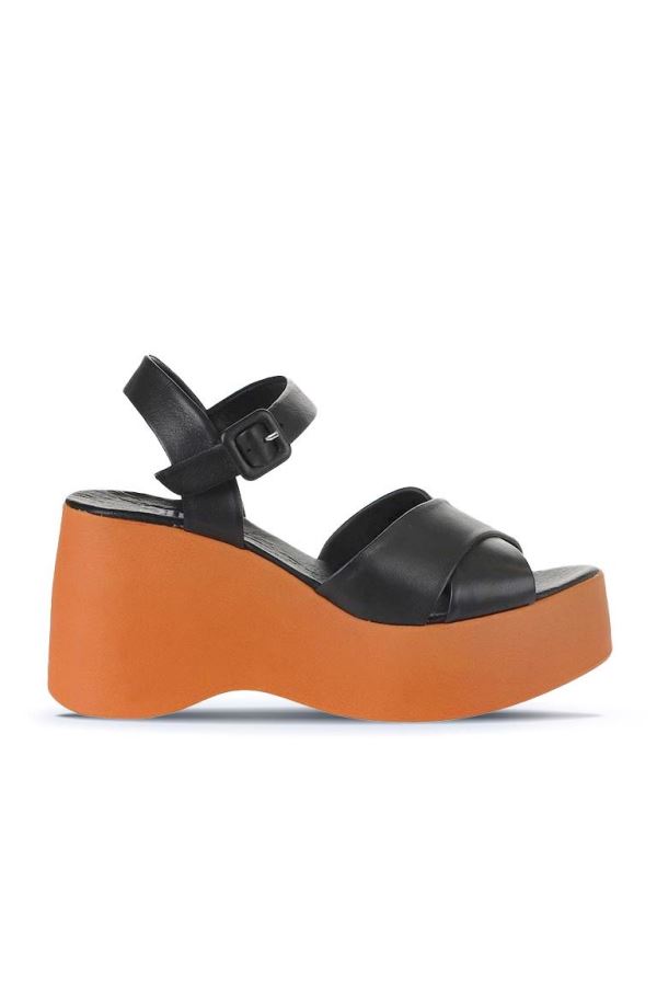 Siyah Turuncu Deri Kadın Dolgu Topuklu Sandalet
