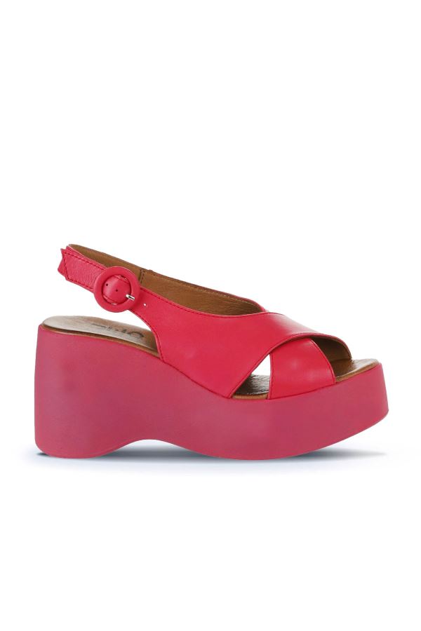 Fuşya Deri Kadın Dolgu Topuklu Sandalet