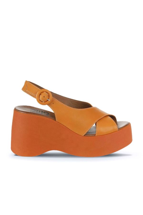 Turuncu Deri Kadın Dolgu Topuklu Sandalet