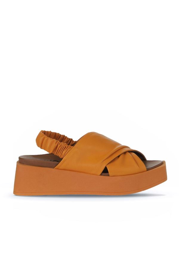 Turuncu Deri Kadın Düz Sandalet