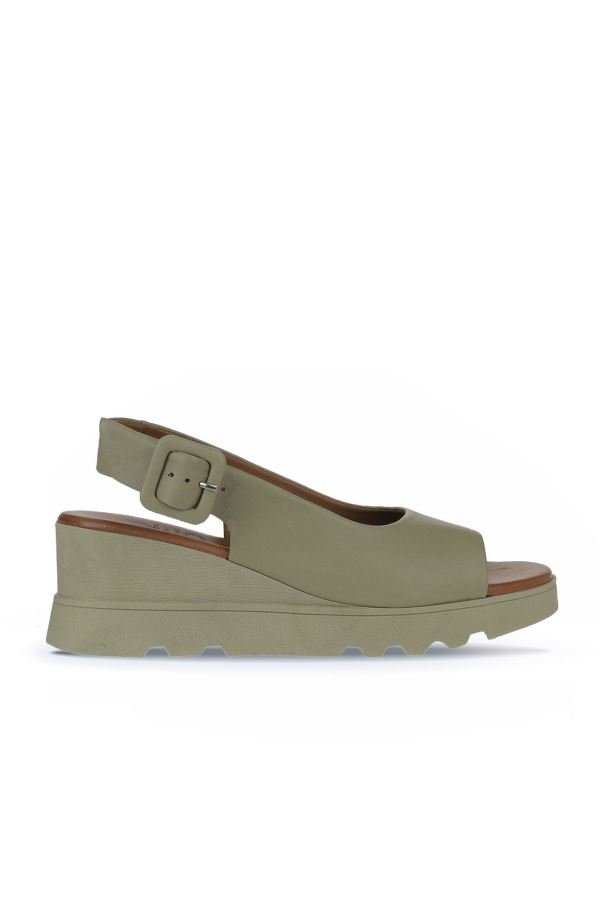 Haki Deri Kadın Dolgu Topuklu Sandalet