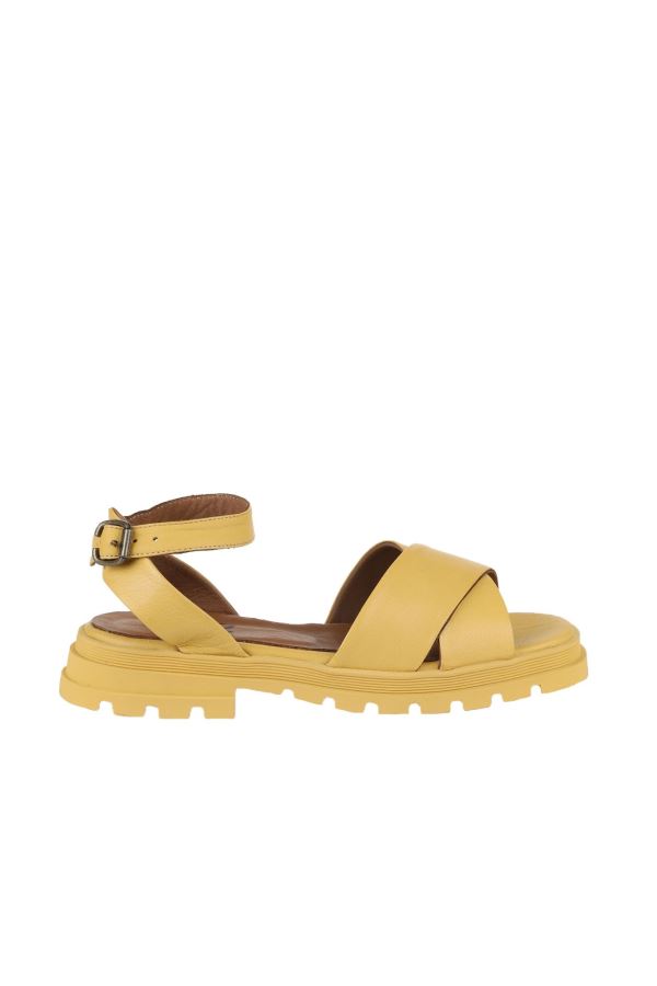 Sarı Deri Kadın Düz Sandalet