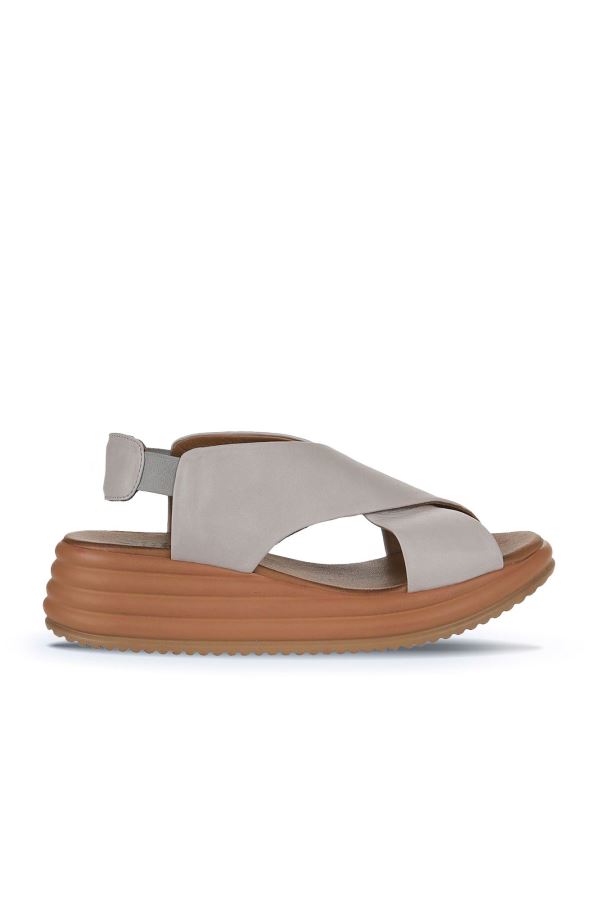 Gri Deri Kadın Dolgu Topuklu Sandalet 